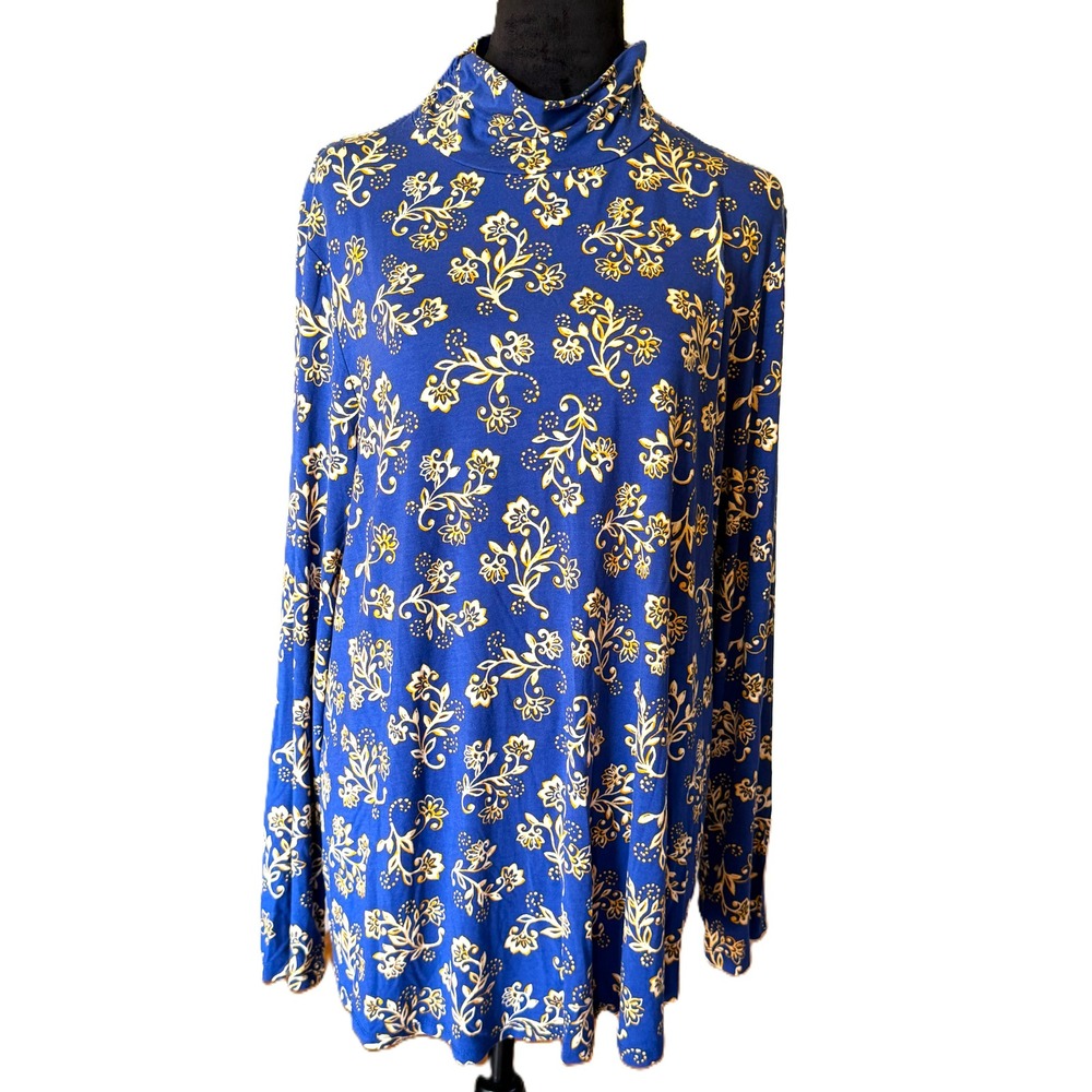 Susan Graver Weekend Blue Floral Mock Neck Pullover Top‎ XL Ruched Long Sleeve